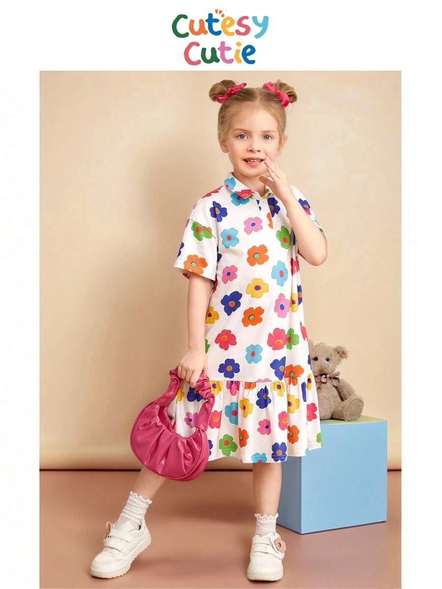 SHEIN Vestido casual de punto con cuello tipo polo, flores minúsculas y diseño holgado para niña joven