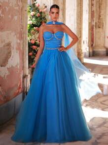 Glamrae 优雅的蓝色抹胸，带有荷叶边前幅、宝石链装饰和蓬松的 A 字裙，可调节系带后开合（可拆卸肩带），适合约会、度假、婚礼、特殊场合、正式活动 - 藍色 - 查看 1