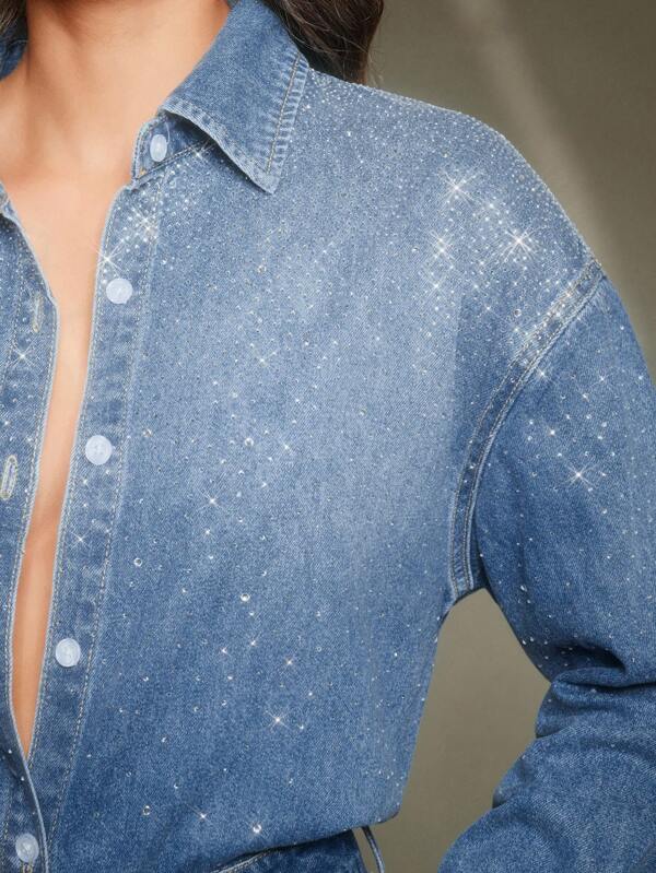 Anewsta Women's Fashion Rhinestone Embellished Denim Jacket