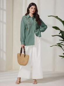 Seusyu Camicia casual da donna con ricamo floreale, adatta per uso quotidiano e pendolarismo - Verde - Visualizzare 3