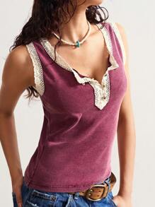 Bohemela Áo tank top dệt kim ôm dáng, màu trơn, viền ren, phong cách nghỉ dưỡng, cổ điển Boho Mỹ. - Màu Đỏ Sâu - Xem 5