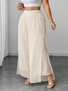 Elenzga Pantaloni eleganti con fessura, in chiffon, con bottoni, taglie forti