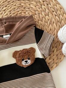 Newborn Baby Boy Cute Summer Knit Patchwork Striped Bear Pattern Hooded Romper - Multicolor - View 3