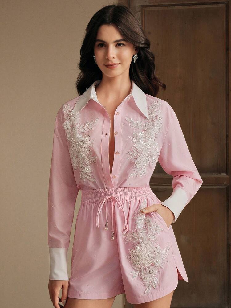 Women's Embroidered Front Button Long Sleeve Casual Blouse