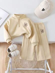 SHEIN 2pcs Baby Girls Outfit, Thermal Lined Warm Personalized Embroidered Letter Hoodie Sweatshirt & Pants Set, Suitable For Outgoing And Home Wear, Autumn/Winter Baby Tracksuit Toddler Co Ord Baby Casual Sets Baby Set Autumn Winter Season Neutral Baby Clothes Fall - Khaki - View 1