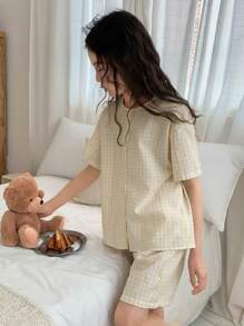 DAZY Tween Girls Plaid Pajama Set With Short Sleeve Top And Shorts - Yellow - View 4