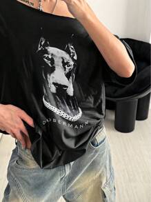 StreetHx Camiseta suelta con estampado de perro al hombro, estilo callejero punk, talla grande, color negro, ropa de calle para mujeres, camisetas gráficas para mujeres