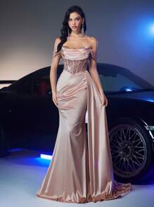 Glamrae Váy đuôi cá bó sát bằng vải satin co giãn đính hạt sang trọng, sang trọng, phù hợp cho đám cưới, tiệc tùng, hộp đêm, kỳ nghỉ, những dịp trang trọng (trang trí nhiều) - Bụi hồng - Xem 4