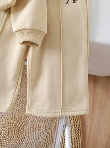 SHEIN 2pcs Baby Girls Outfit, Thermal Lined Warm Personalized Embroidered Letter Hoodie Sweatshirt & Pants Set, Suitable For Outgoing And Home Wear, Autumn/Winter Baby Tracksuit Toddler Co Ord Baby Casual Sets Baby Set Autumn Winter Season Neutral Baby Clothes Fall - Khaki - View 3