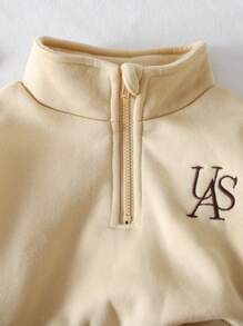 SHEIN 2pcs Baby Girls Outfit, Thermal Lined Warm Personalized Embroidered Letter Hoodie Sweatshirt & Pants Set, Suitable For Outgoing And Home Wear, Autumn/Winter Baby Tracksuit Toddler Co Ord Baby Casual Sets Baby Set Autumn Winter Season Neutral Baby Clothes Fall - Khaki - View 9