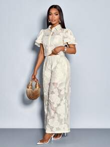 SOLERSUN Áo sơ mi tay ngắn cài nút phía trước lãng mạn thanh lịch dành cho nữ và quần ống rộng Bộ 2 món thường ngày, họa tiết hoa mùa xuân/hè để đi chơi, đi nghỉ - Màu be - Xem 3