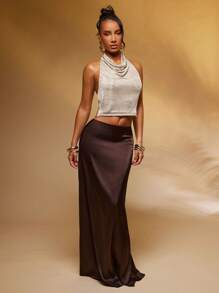 Hauture Vacation Semi-Sheer Metallic Backless Halter Neck Top With Stone Chain - Silver - View 5