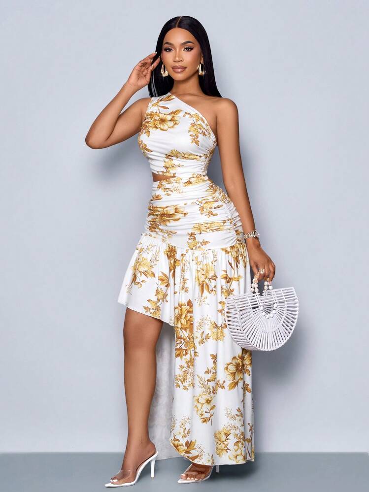 SOLERSUN Women's Asymmetrical Hem One Shoulder Tropical Print Cut Out Ruched Maxi Dress (Random Floral) Vacation Skirt Set - Yellow - View 1