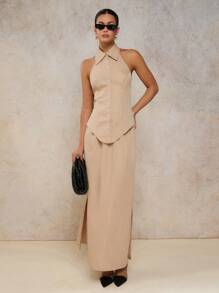 COSMINA Women Elegant Holiday Striped Sleeveless 2 Pieces Set, Spring/Summer Tan Two Pieces Set - Khaki - View 4
