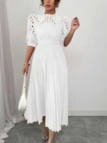 Rafferiza Elegant Luxurious Hollow Embroidered Patchwork Pleated Dress - White - View 4
