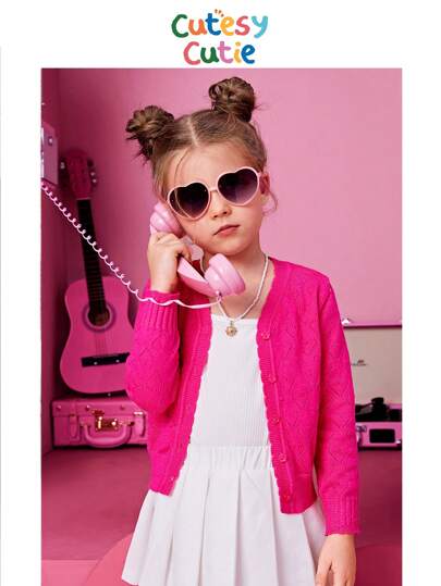 SHEIN Cárdigan con escote en V de manga larga con patrón de corazón para niña
