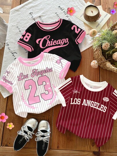 SHEIN 3pcs Baby Girl Casual Striped #23, City Letter Print Short Sleeve T-Shirt, White, Red, Black/Pink, Minimalist Style For Spring/Summer