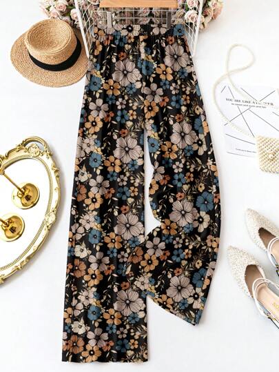 EMERY ROSE Plus Size Women's Retro Floral Print Casual Pants