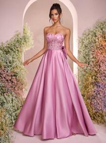 Glamrae Đầm xòe rộng, thanh lịch, ngọt ngào, không dây vai, chất liệu ren xuyên thấu đính cườm và thêu, cạp cao, ôm dáng, có dây buộc điều chỉnh được và nơ rời, thích hợp cho hẹn hò, kỳ nghỉ, sinh nhật, tiệc tùng, tốt nghiệp, dự đám cưới, dạ hội trang trọng, phong cách vintage, ngày Valentine. - Bụi hồng - Xem 7