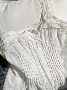 Comfortcana Summer White Lace Trim Square Neck Cinched Waist Single-Breasted Camisole - White - View 7