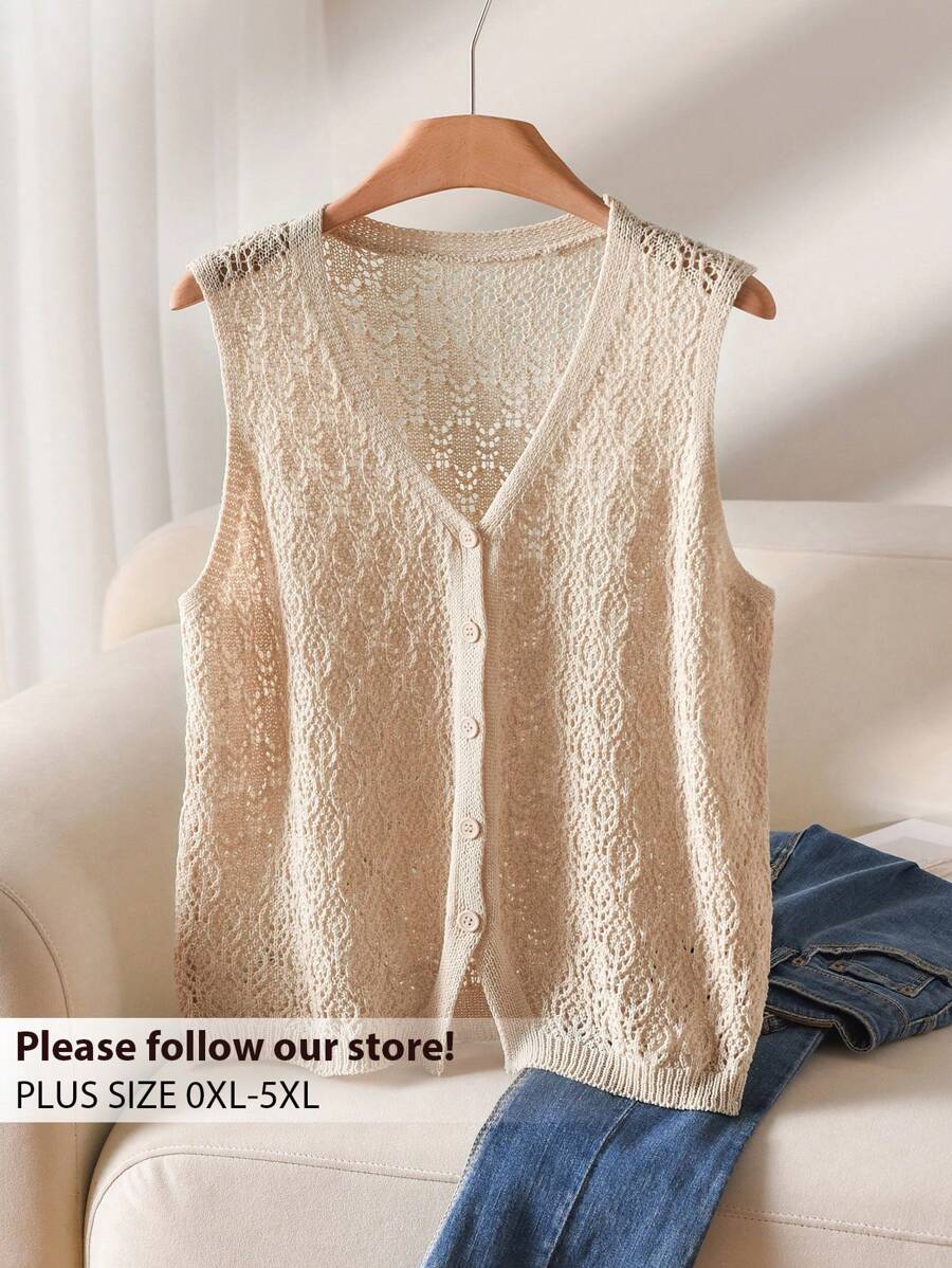 CosyJoli 秋冬大码女式单排扣休闲针织背心 - 杏色 - 查看 1