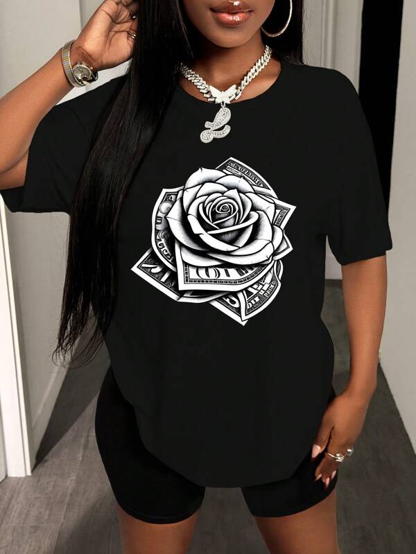 Zolique Oversized Simple Drop Shoulder T-Shirt With Roses And Dollar Bills Print Graphic Tees Women Tops