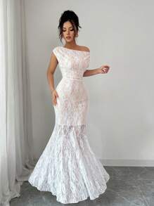 Elenzga 新款女式斜肩镂空蕾丝针织面料度假休闲日常百搭优雅修身年轻女士连衣裙，白色连衣裙 - 白色 - 查看 4