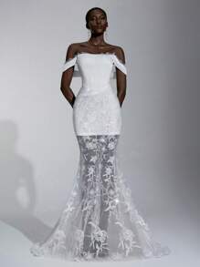 Elitara 优雅奢华的白色缎面拼布和刺绣亮片露肩领口蕾丝拼布鱼尾拖尾长裙，适合约会、婚礼、活动 - 白色 - 查看 4