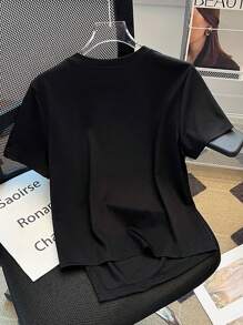 Franclia 1 Áo thun trơn màu đơn giản không đối xứng cho nữ - màu đen - Xem 2