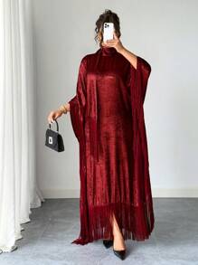 Elenzga Plus Size Women High Collar Batwing Sleeve Fringed Elegant Solid Color Dress - Red - View 7