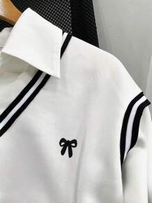 Resyla Women's Casual Bow & Striped Patchwork Sweatshirt Graduation,Back To School,Graduation,Teacher For Women,Back To School Pullover Fall - White - View 3