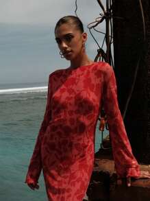 Opulessa Fitted Knitted Fabric Maxi Dress With Extra-Long Sleeves In Elegant Red Red Dress Open Back Dress Red Vacation Dress Backless Dress Red Cover Up