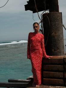 Opulessa Fitted Knitted Fabric Maxi Dress With Extra-Long Sleeves In Elegant Red Red Dress Open Back Dress Red Vacation Dress Backless Dress Red Cover Up