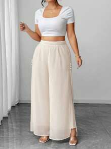 Elenzga Pantaloni eleganti con fessura, in chiffon, con bottoni, taglie forti
