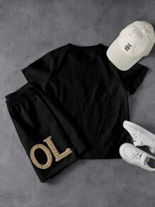 2pcs Young Boy Cool Bear Print Round Neck Short Sleeve T-Shirt & Letter Graphic Loose Shorts Black Street Set - Multicolor - View 2