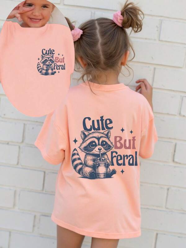 SHEIN Girls Casual Cute Raccoon Lettering Graphic Short Sleeve Round Neck T-Shirt With "CUTE BUT FERAL" Text, Summer