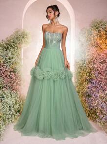 Glamrae 优雅奢华的抹胸连衣裙，饰有宝石领口、荷叶边网眼覆盖层和蓬松裙摆，适合婚礼、派对、节日、庆典（重刺绣） - 綠色 - 查看 1