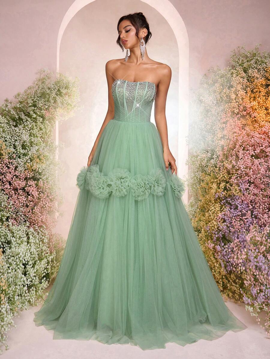 Glamrae 优雅奢华的抹胸连衣裙，饰有宝石领口、荷叶边网眼覆盖层和蓬松裙摆，适合婚礼、派对、节日、庆典（重刺绣） - 綠色 - 查看 1