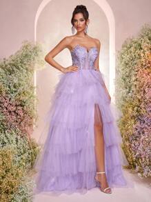 Glamrae 优雅奢华刺绣蕾丝拼布亮片网眼多层高开衩长裙，适合婚礼、派对、节日、正式场合（大量装饰） - 紫色 - 查看 5