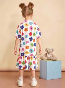 SHEIN Vestido casual de punto con cuello tipo polo, flores minúsculas y diseño holgado para niña joven