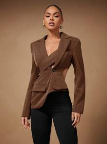 Hauture Fashionable Sexy Asymmetric Hollow Out Blazer - Coffee Brown - View 4