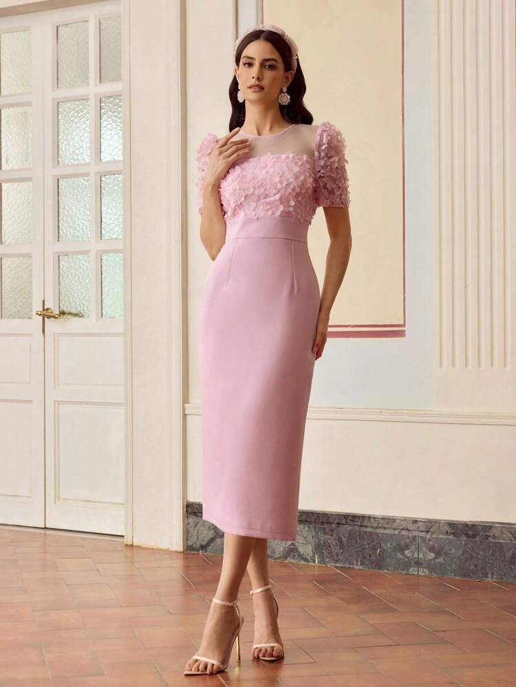 ZEYLAH Women's Solid Color Applique Decor Mesh Patchwork Short Sleeve Fitted Elegant Mid-Length Dress