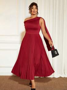 Elenzga 大码女式优雅针织拼布褶皱裙高腰连衣裙，酒红色