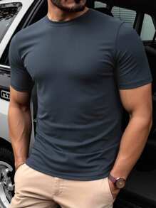 Manfinity Homme 男士纯色休闲短袖T恤，夏季百搭海军蓝男士T恤男士T恤短袖T恤男士圆领T恤修身T恤男士