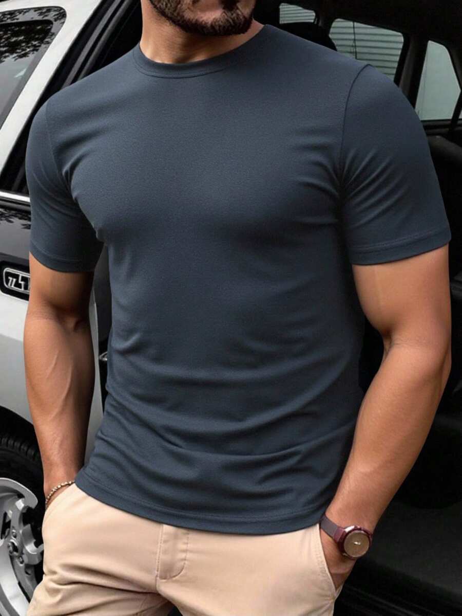 Manfinity Homme 男士纯色休闲短袖T恤，夏季百搭海军蓝男士T恤男士T恤短袖T恤男士圆领T恤修身T恤男士