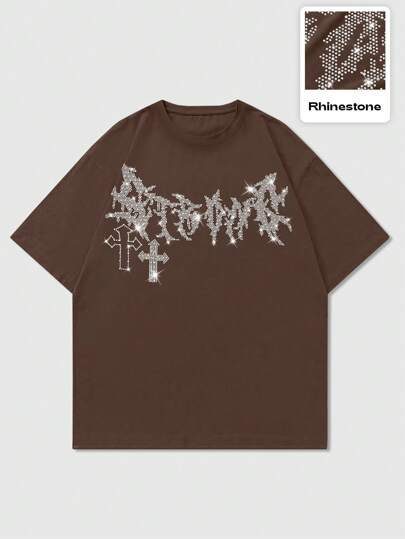 Goth Camiseta de moda casual de verano para hombre con estampado de cruz con destellos