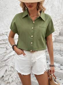 SHEIN LUNE 女款蝙蝠袖短袖襯衫 - 軍綠色 - 查看 5