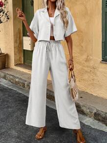 Breezaya 2pcs Women Summer Linen Solid Color Lapel Drop Shoulder Shirt And Pants Set - White - View 3