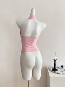 SHEIN Clasi 女式夏季水钻细肩带吊带背心，针织面料，时尚修身优雅设计 - 粉色 - 查看 2