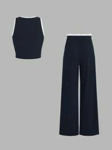 SHEIN Unity 女士两件套休闲夏季上衣，镶边圆领，系带腰裤，荷叶边下摆 - 寶藍色 - 查看 2
